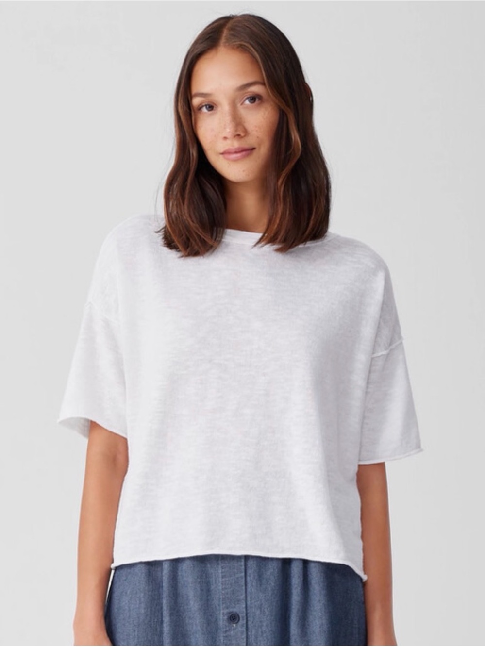 Eileen Fisher White Relaxed Short-Sleeve Cotton-Linen Blend Shirt